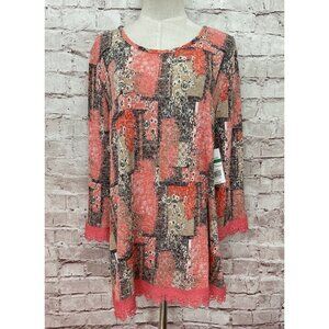 KIM ROGERS Womens Coral Print Tunic Knit Top Crochet Lace Hem Size Large NEW